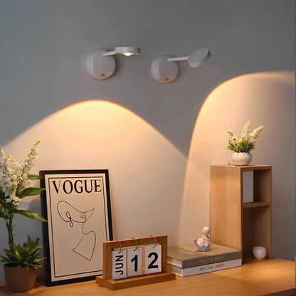 Wireless motion sensor LED wall light with warm halo glow and white fixture