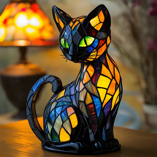 Black cat-shaped stained glass table lamp with multicolor glowing panels