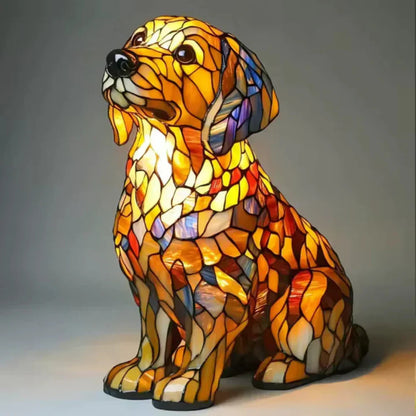 Stained glass dog night light with warm LED illumination, multicolor mosaic