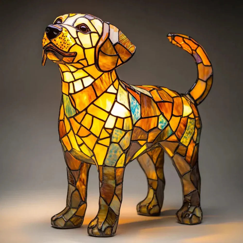 Stained glass dog table lamp featuring warm LED glow and colorful mosaic