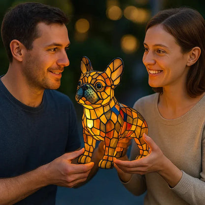 Warm LED stained glass dog lamp with bright multicolor mosaic detailing