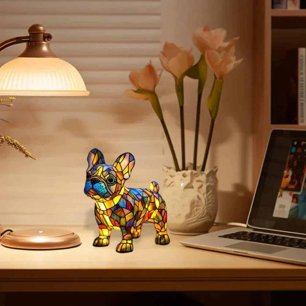Warm LED stained glass dog table lamp on desk with colorful mosaic design