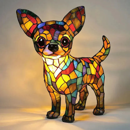 Colorful stained glass dog lamp with warm LED glow, mosaic pattern