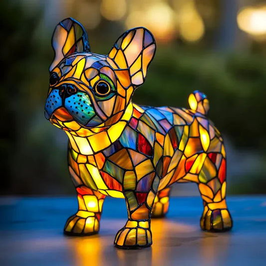 Stained glass dog night light with warm LED glow in bright multicolor mosaic