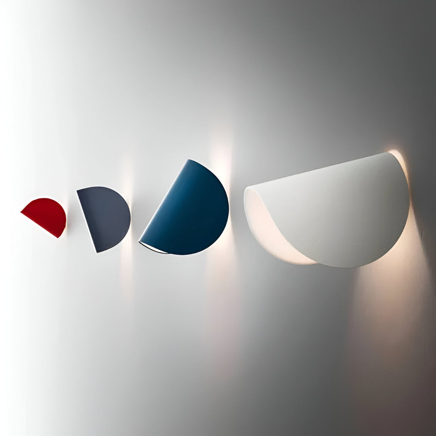 Assorted color adjustable wall cone lights: black, blue, white, and red shades