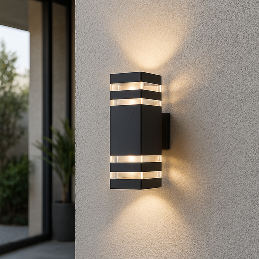 Wall-mounted outdoor wall light, dark glass panels with aluminum trim, glowing