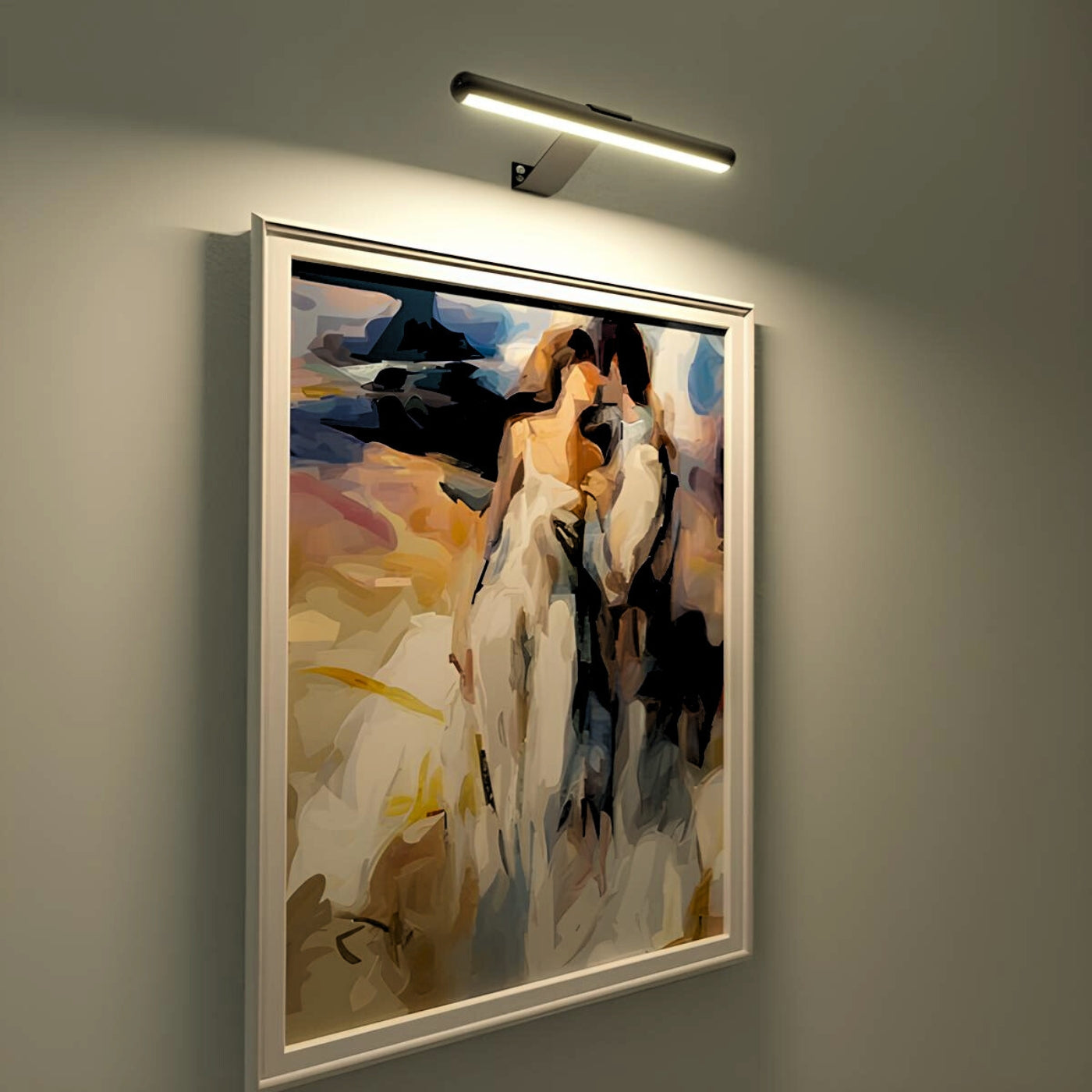Black LED picture wall sconce with a slim light bar mounted above framed artwork.