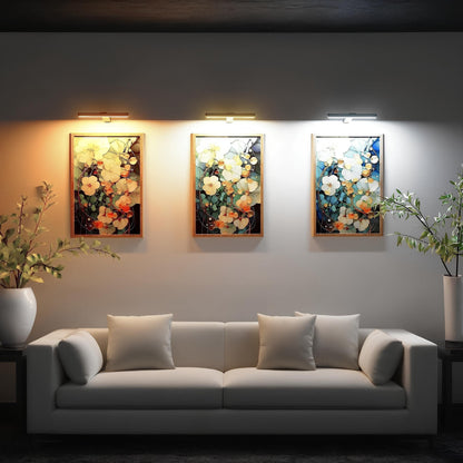 LED picture wall lights with slim bar housings mounted above framed artwork.