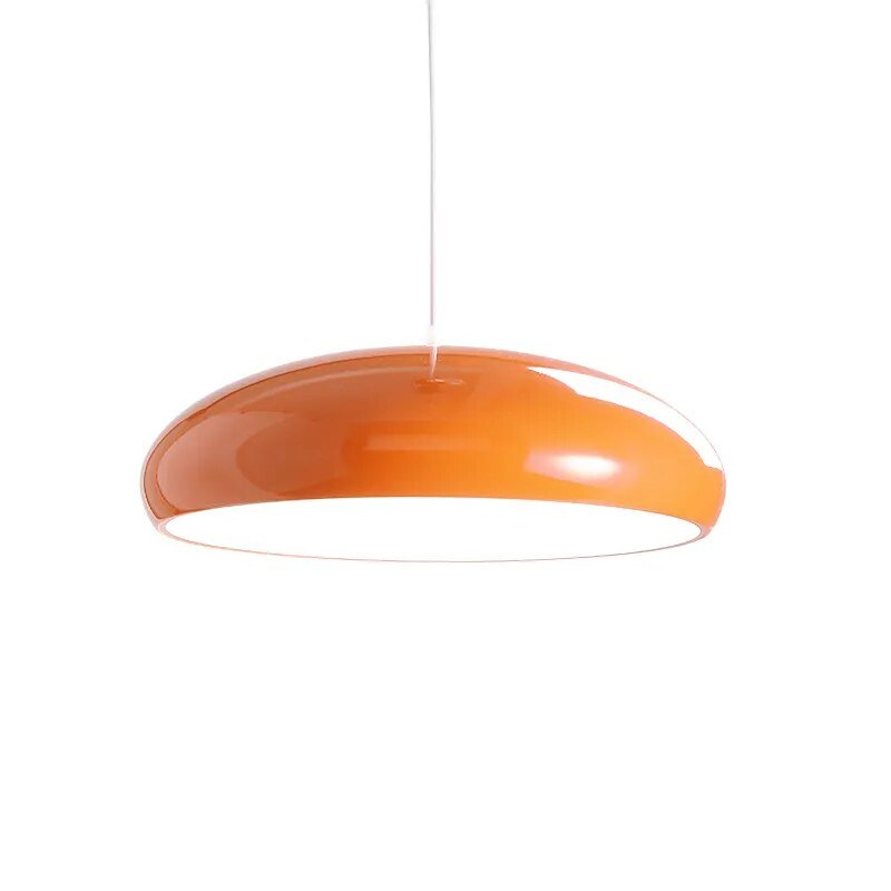 Modern metal and acrylic pendant light with glossy orange oval shade