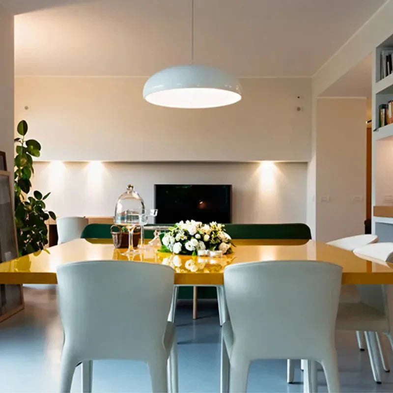 Modern metal and acrylic pendant light with white round dome shade