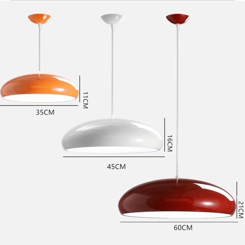 Modern metal and acrylic pendant light sizes shown on orange, white, and red shades