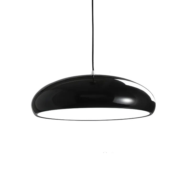 Modern metal and acrylic pendant light with glossy black oval shade
