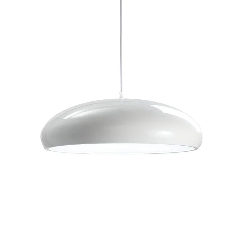 Modern metal and acrylic pendant light with glossy white oval shade