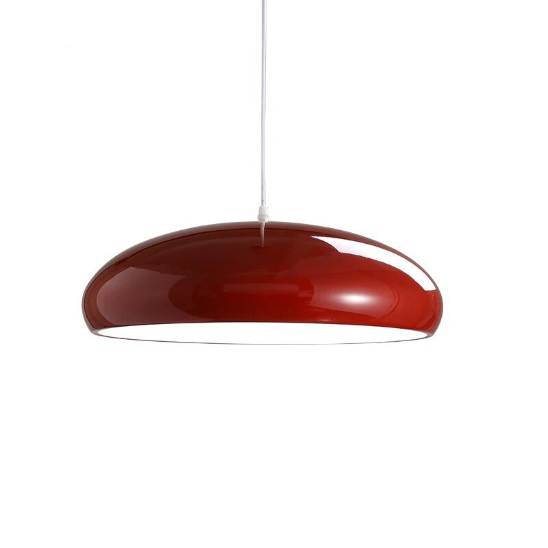 Modern metal and acrylic pendant light with glossy red oval shade