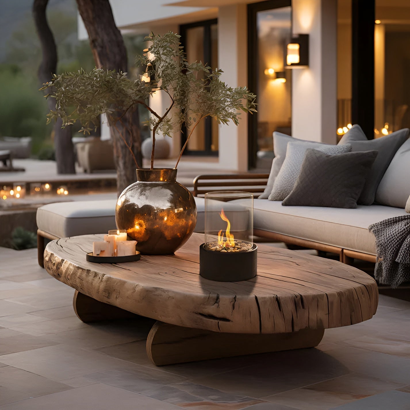 Tabletop bioethanol fireplace with clear glass fire bowl and black metal base on outdoor table