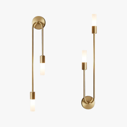 Pair of gold LED wall lights with curved backplates and warm white cylinder shades