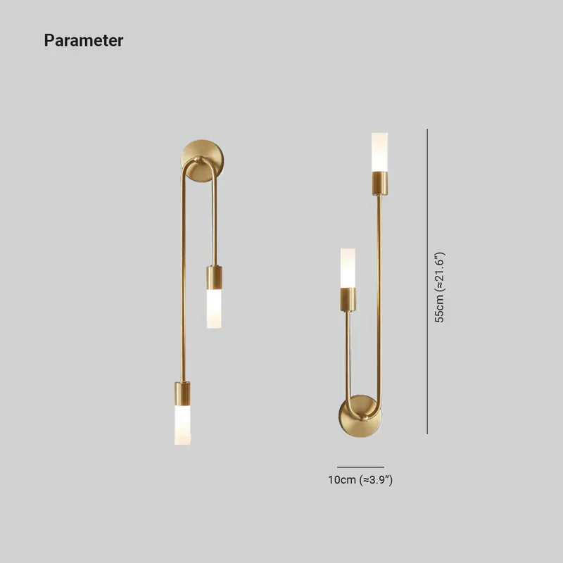 Gold LED wall sconce with curved backplate and two warm white cylinder shades