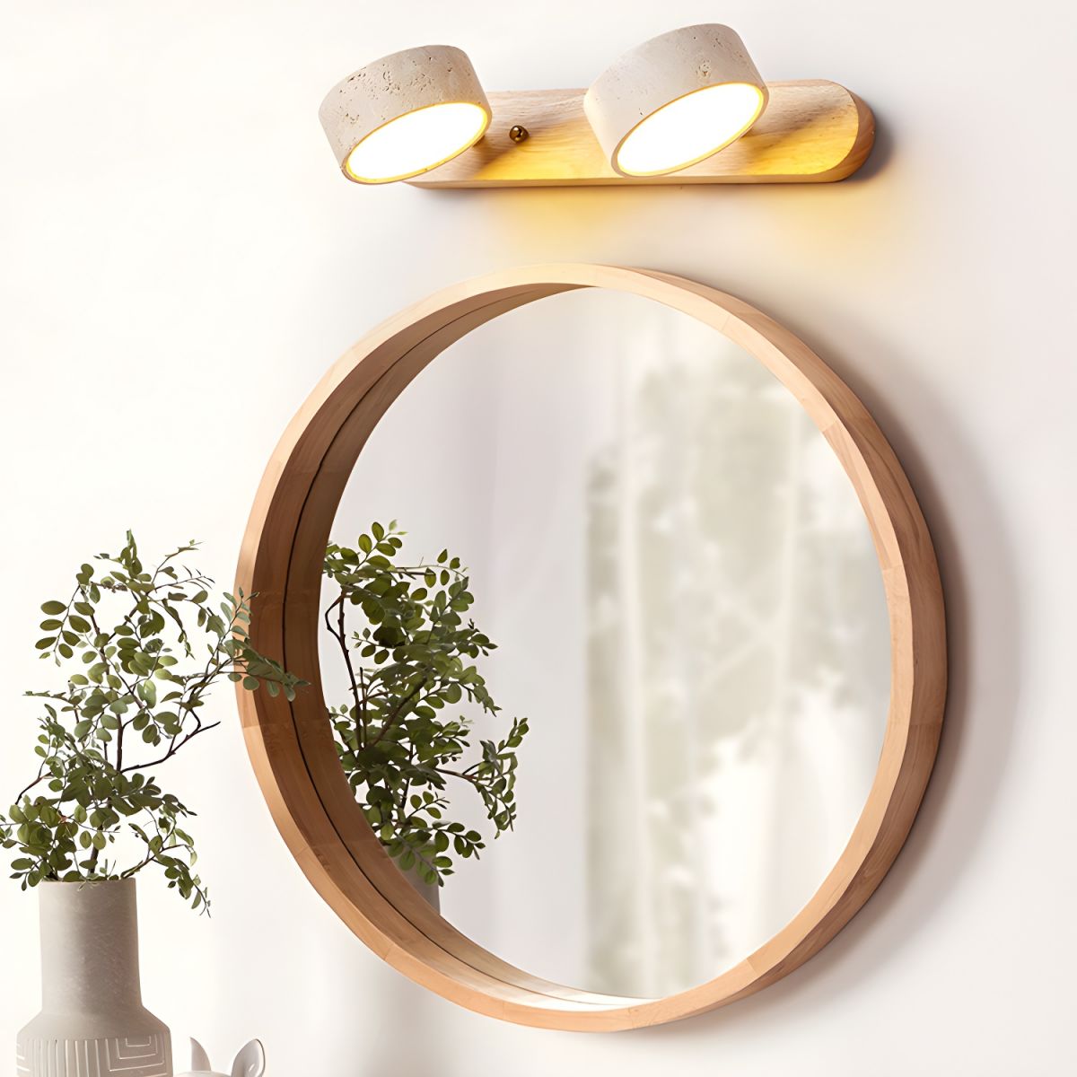 Wood-look LED wall light with two illuminated cylinder shades on a wooden bar