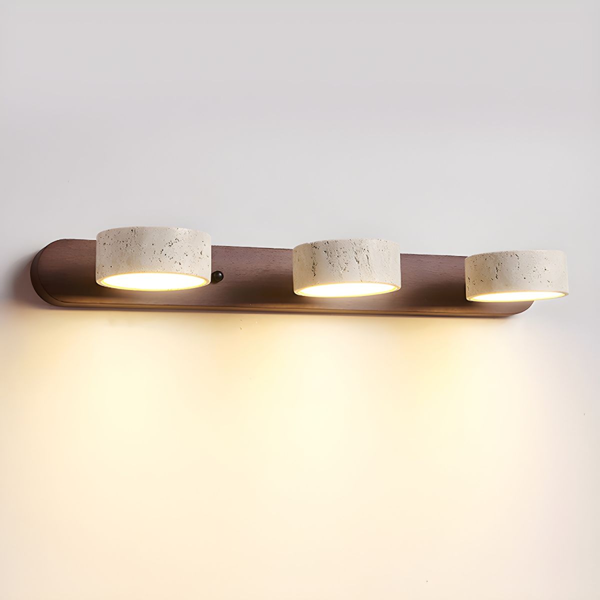 LED wall light with walnut wood-look bar and three stone-look cylindrical shades