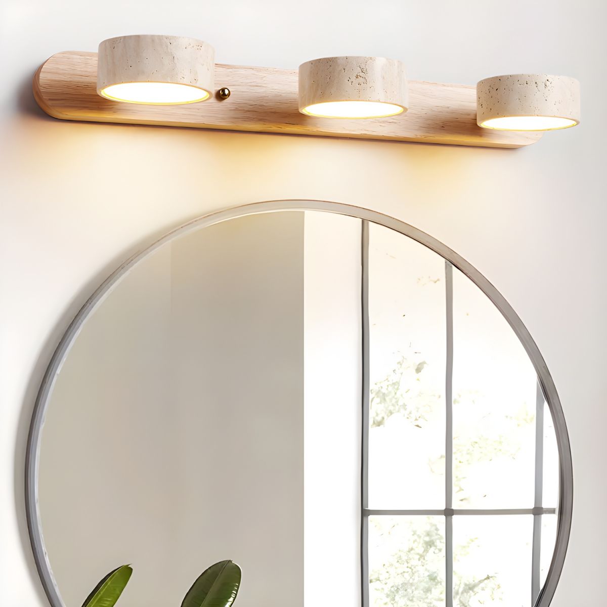 Wall LED light with natural wood bar and four speckled stone-look cylinder shades, warm glow
