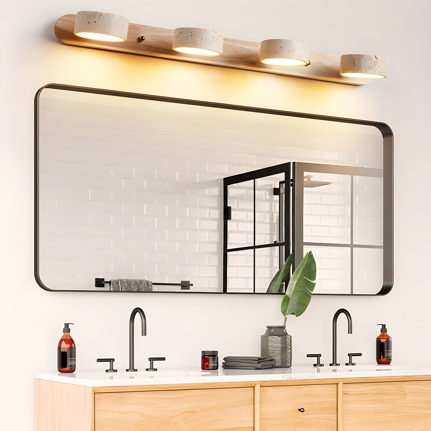 LED wall light with wood-look bar and three stone-look cylinder shades, warm glow