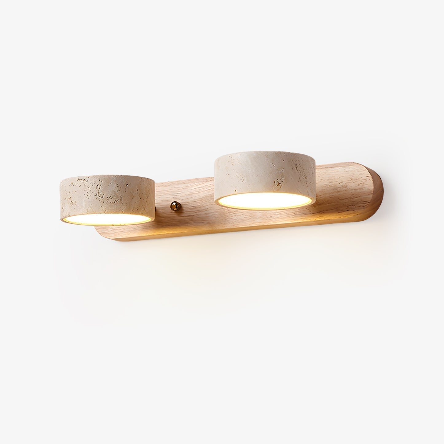 LED wall light with three stone-look cylinder shades on a wood-look wall bar
