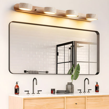 Wall LED light bar with natural wood base and four speckled stone-look cylinder shades