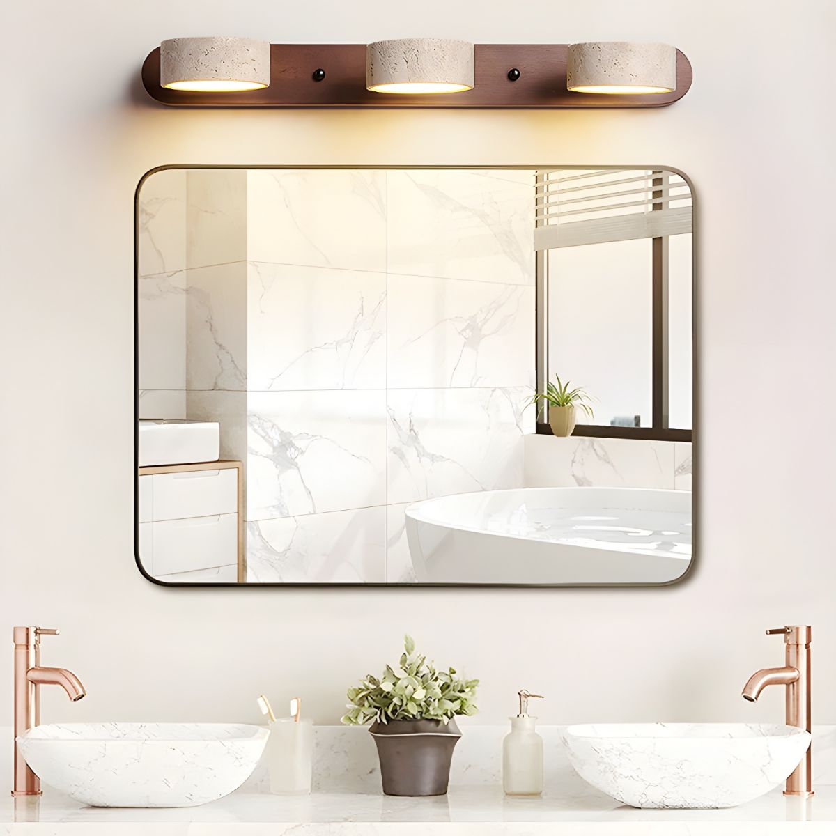 LED wall light with wood-look bar and three stone-look cylinder shades, warm illumination