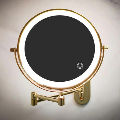 Round cosmetic mirror with gold frame, dark glass center, LED ring and power icon