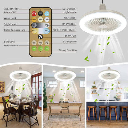 Ceiling fan light with remote control, showing light and fan modes