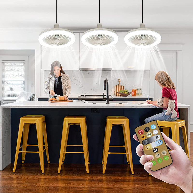 Three white LED ceiling fan lights with remote control in a kitchen setting