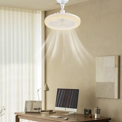 White LED ceiling fan light with enclosed blades and frosted dome diffuser