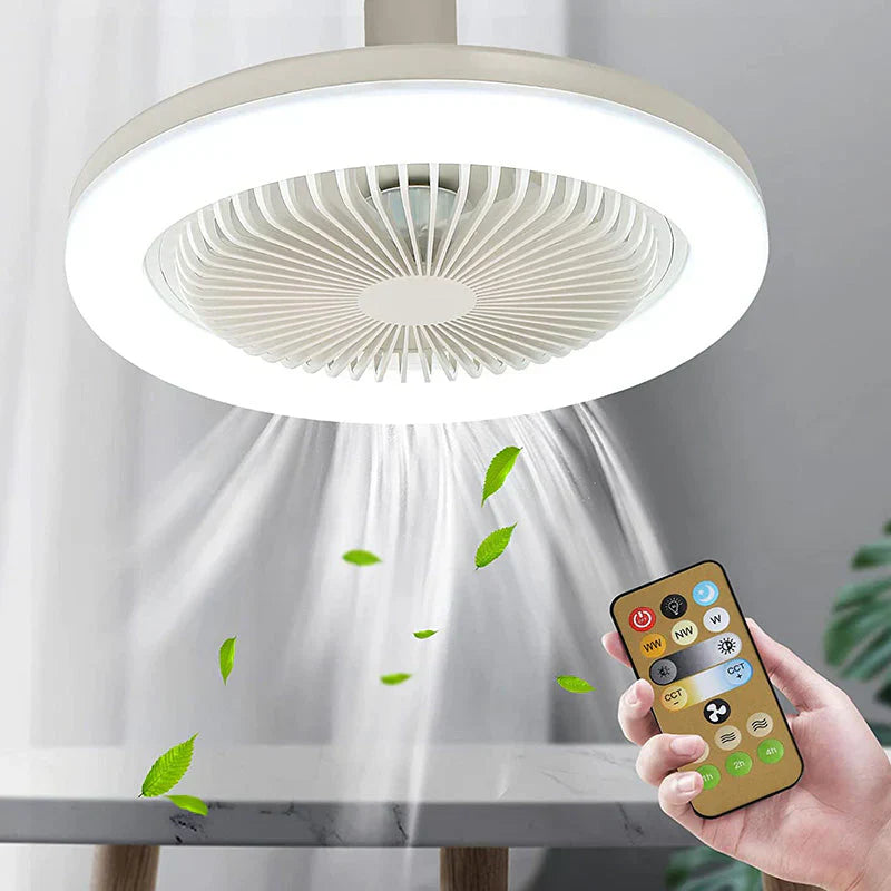 White LED ceiling fan light and handheld remote, leaf pattern projected