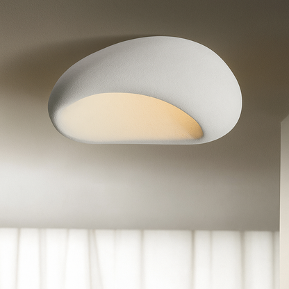 Rustic LED ceiling light in light gray textured metal, round flush mount with warm glow