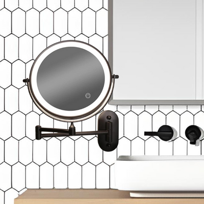 Round LED wall mirror with glowing light ring, magnifying face, and black metal bracket