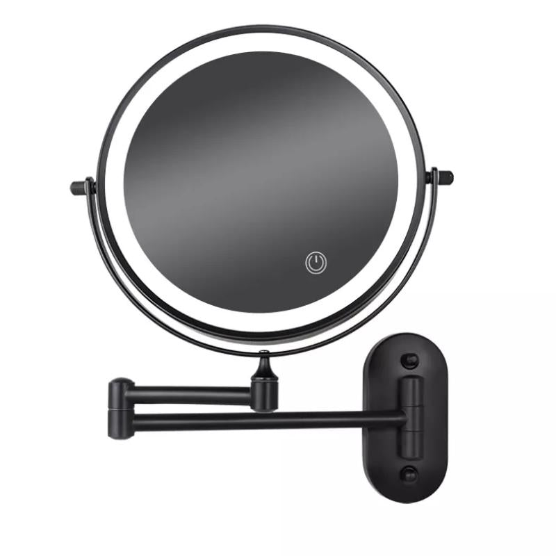 Round LED magnifying wall mirror with bright white rim light and dark wall mount