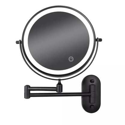 Round LED magnifying wall mirror with bright white rim light and dark wall mount