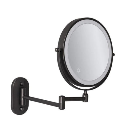 Round LED magnifying wall mirror with white mirror face, dark metal frame and bracket