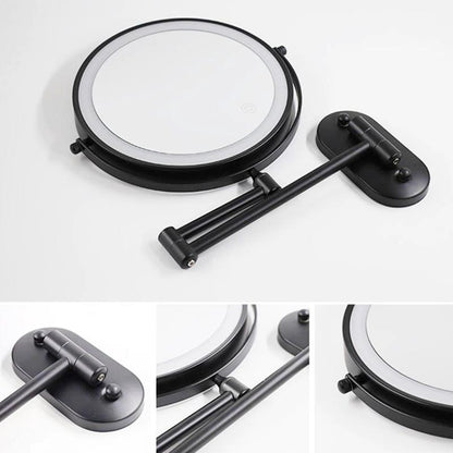 Round LED magnifying wall mirror with glowing ring, dark arm and dual mounting base