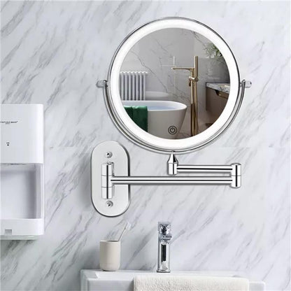 Chrome LED round magnifying mirror with wall arm and swivel mount