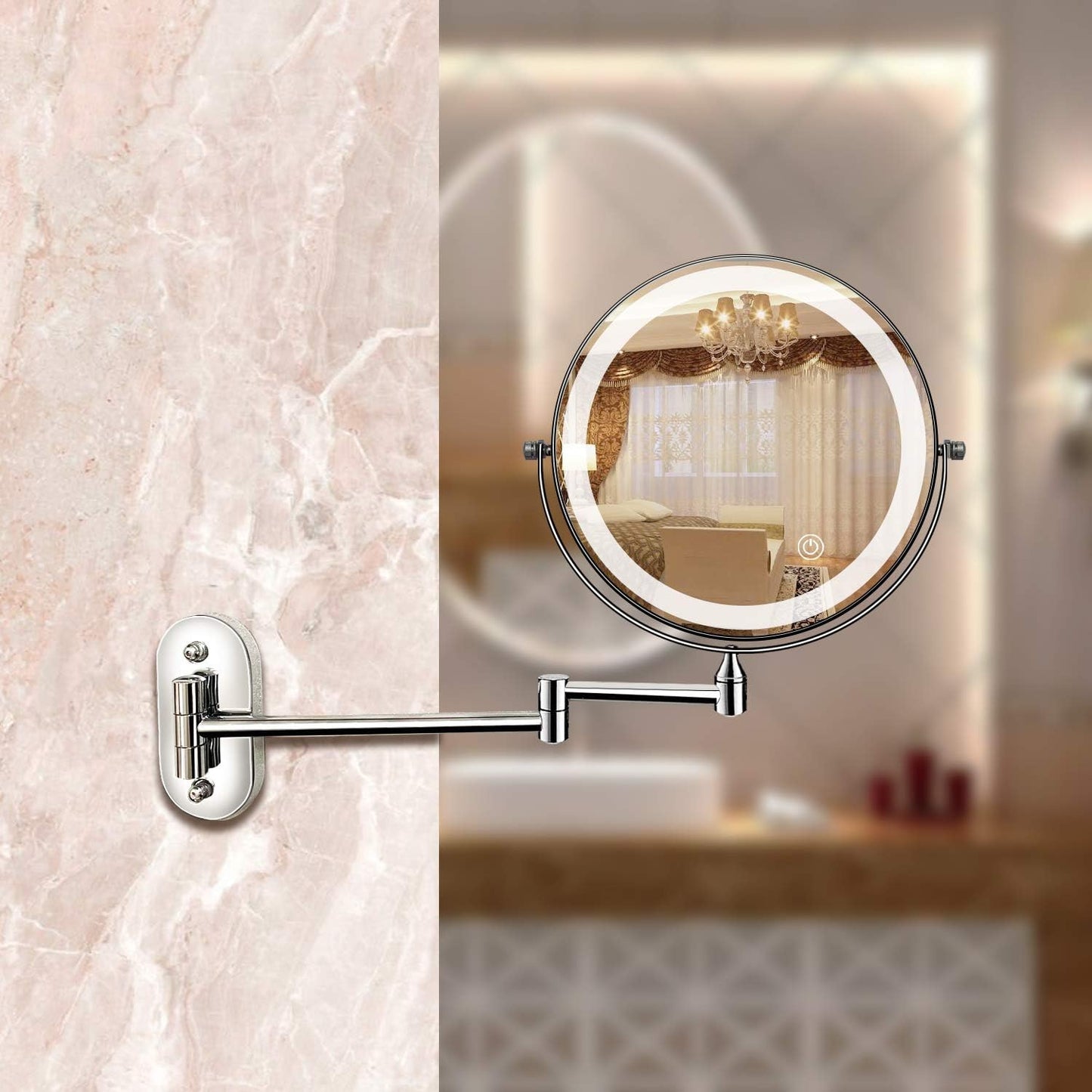 Chrome LED round magnifying mirror with wall hinge mount and glowing ring light