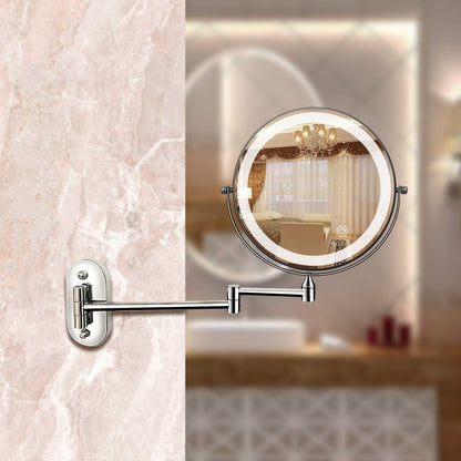 Chrome LED round magnifying mirror with wall hinge mount and glowing ring light
