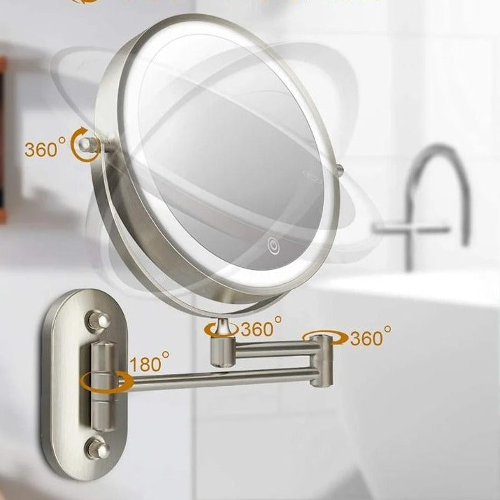 Chrome LED magnifying mirror showing 360° rotation with wall-mounted support bar