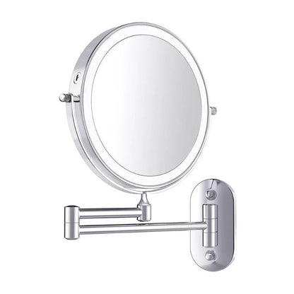 Chrome LED round magnifying mirror with illuminated ring and wall bracket