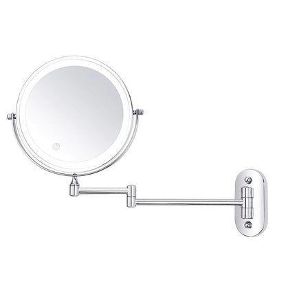 Chrome LED magnifying mirror with double-arm swivel wall mount and round light ring