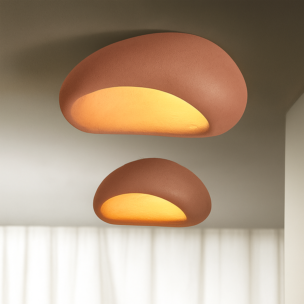 Rustic LED ceiling light in brick red textured metal, two round flush mounts with warm glow