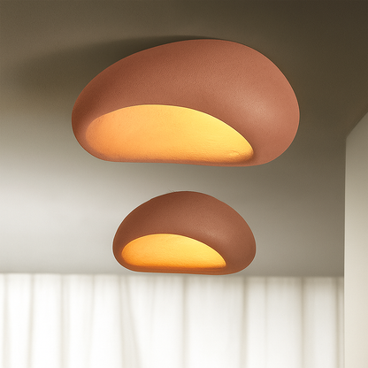 Rustic LED ceiling light in brick red textured metal, two round flush mounts with warm glow