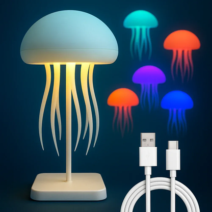 LED jellyfish night light on white base, glowing dome with white tentacles