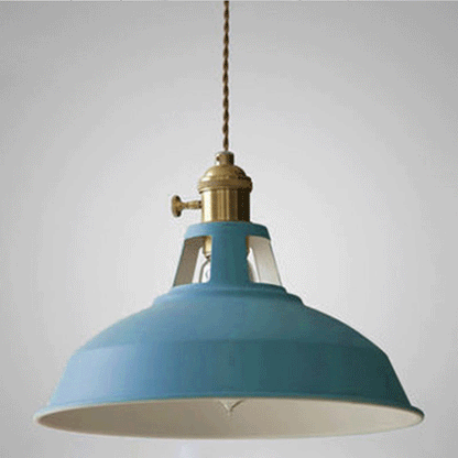 Retro pendant light with teal metal dome shade, brass cap, and hanging cord