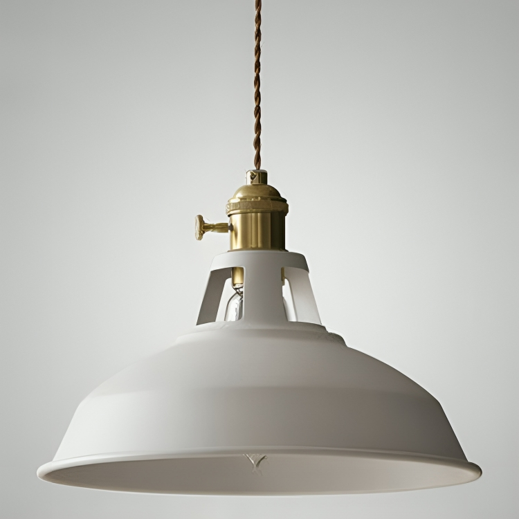 White metal retro pendant light with clear glass shade, brass cap, and side switch lever